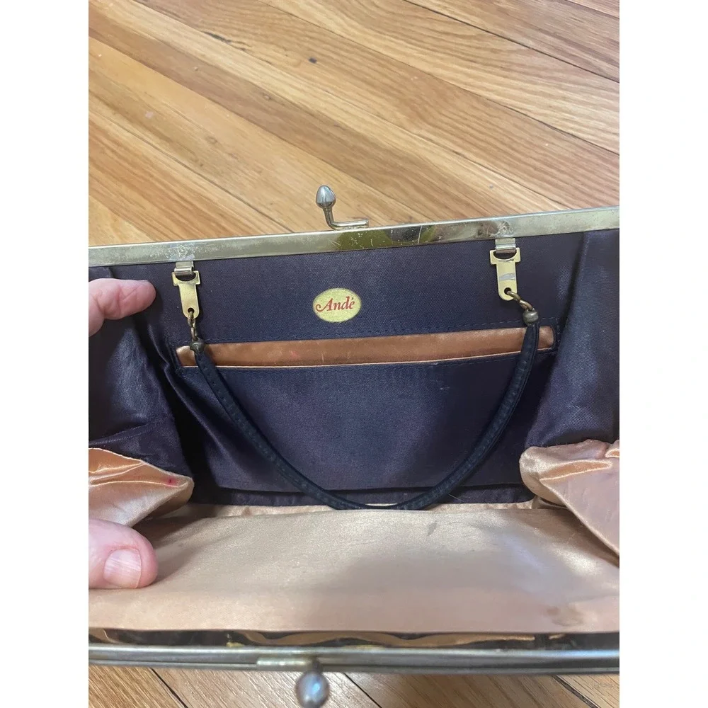 Vintage 1950s Evening Bag Andé Navy Leather Kiss Lock Clutch‎ Mid Century